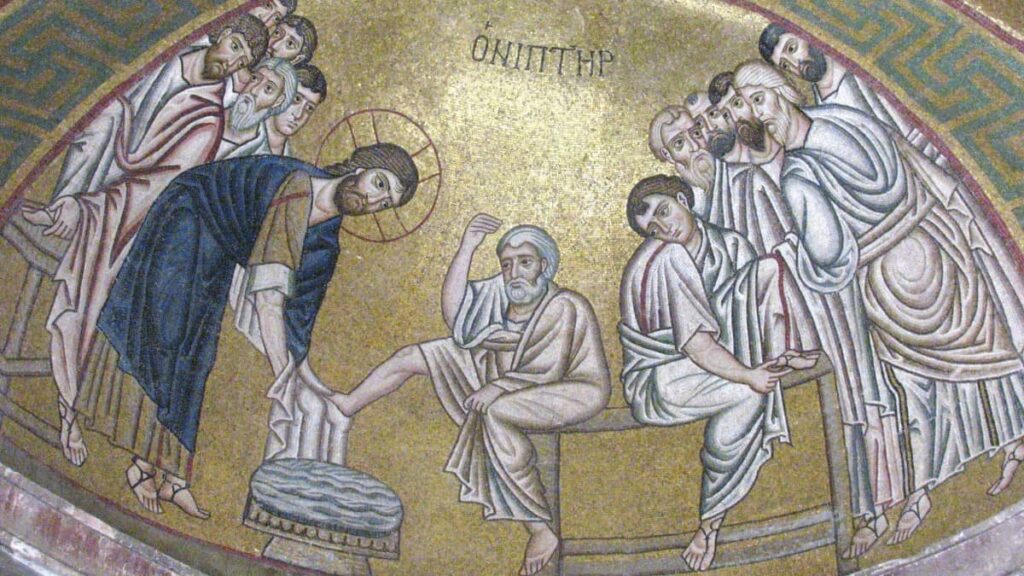 Мозаика изображающая Иисуса омывающего ноги ученикам как символ смирения