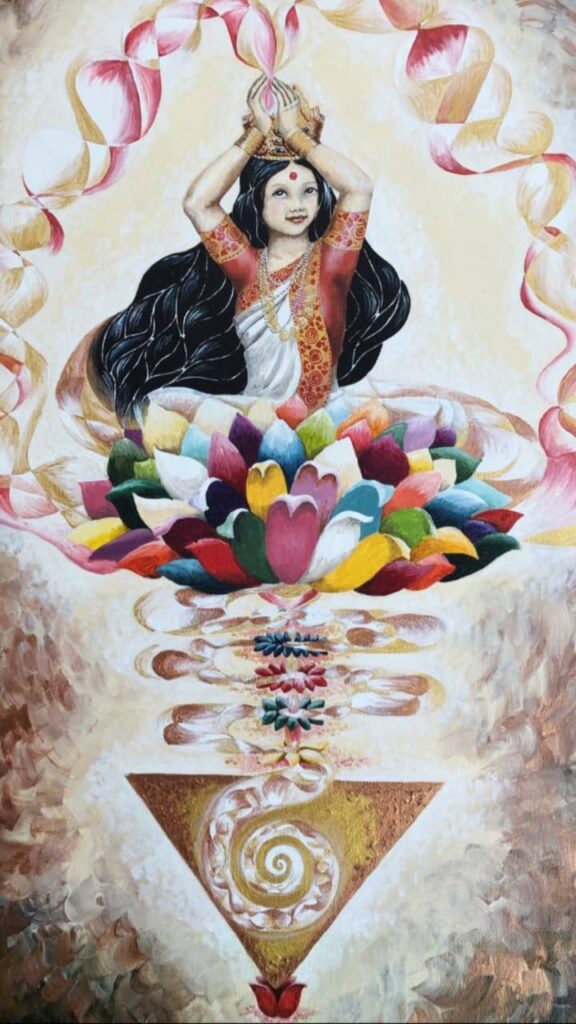 Художественное изображение матери Кундалини Гаури на чакрах и в сакруме